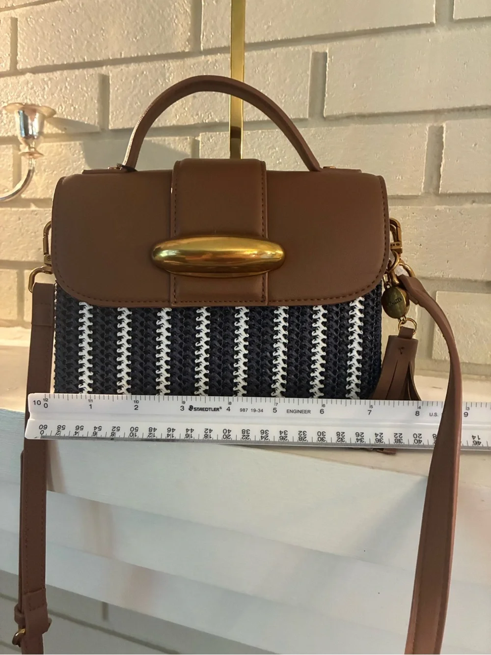 Steve Madden Brown and Navy Woven Style Top-Handle Satchel Crossbody with Tassel - Picture 15 of 16